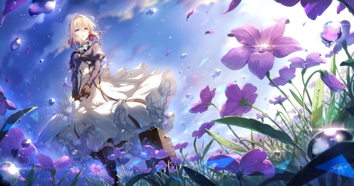 Violet Evergarden in a field of purple flowers