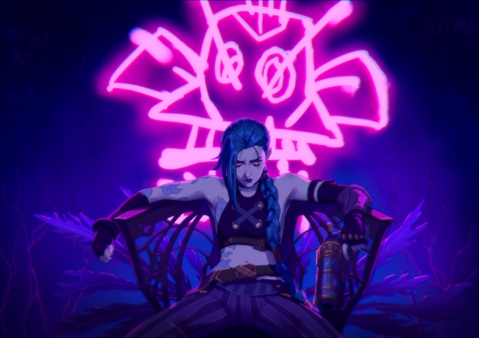 Jinx from League of Legends sitting on a throne