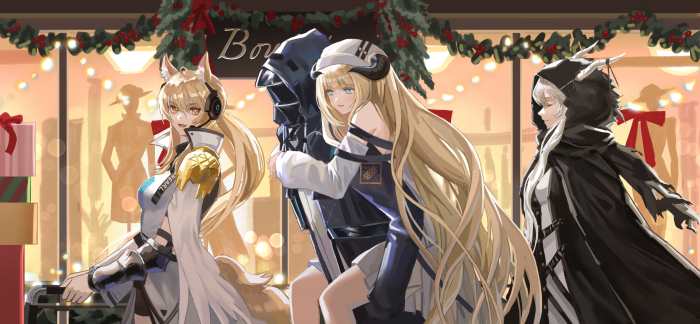 Arknights characters in front of a shop window