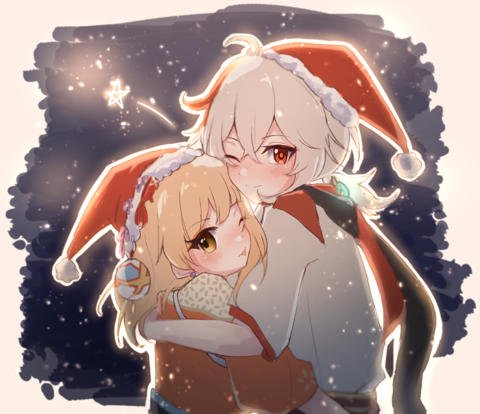 Kaedehara Kazuha and Yoimiya from Genshin Impact hugging