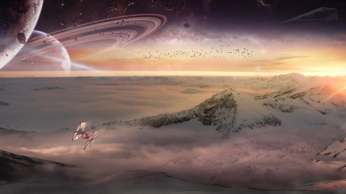 Star Wars TIE Fighter flying over snowy mountains