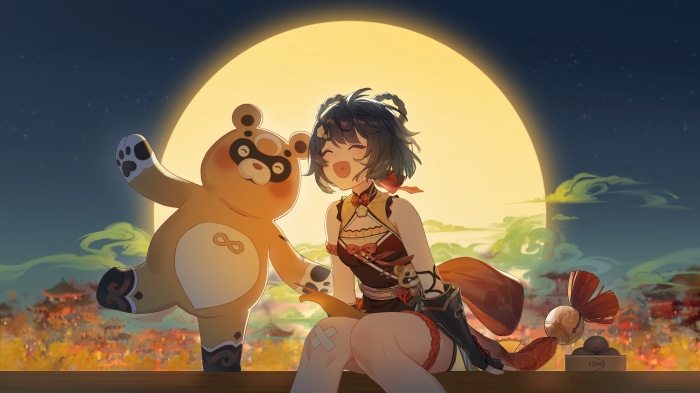 Xiangling and Guoba from Genshin Impact with a large moon