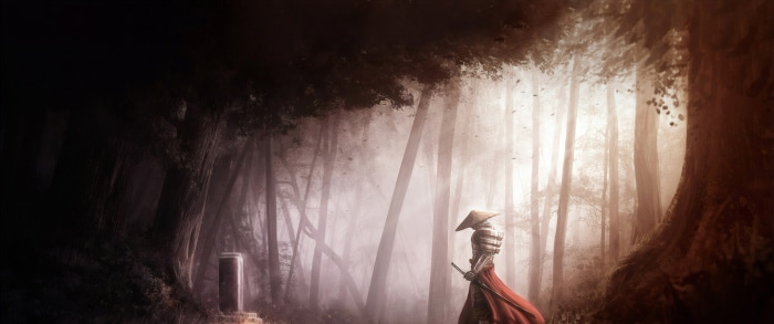 Samurai warrior in a misty forest