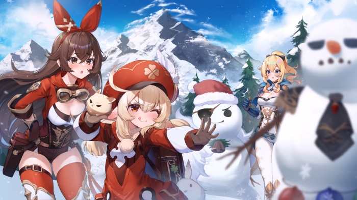 Amber, Klee, and Jean from Genshin Impact with snowmen