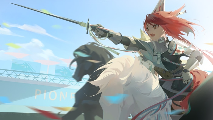 Flametail from Arknights on horseback