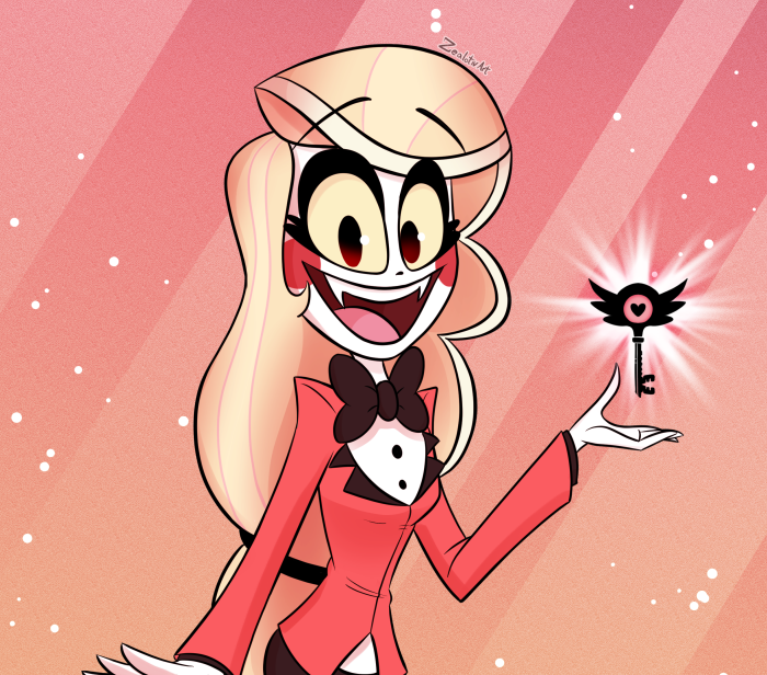 Charlie Magne from Hazbin Hotel holding a key