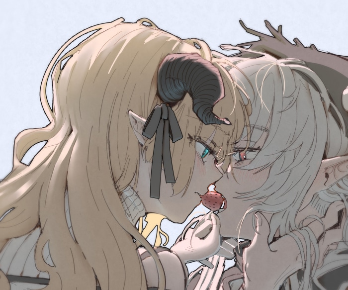 Nightingale and Shining from Arknights sharing a strawberry
