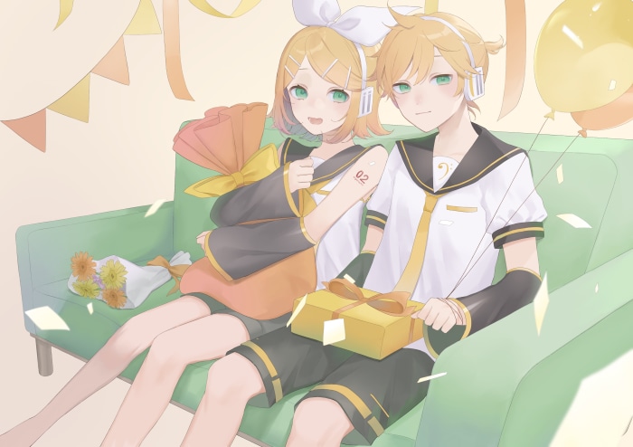 Rin and Len Kagamine from Vocaloid sitting on a couch with gifts
