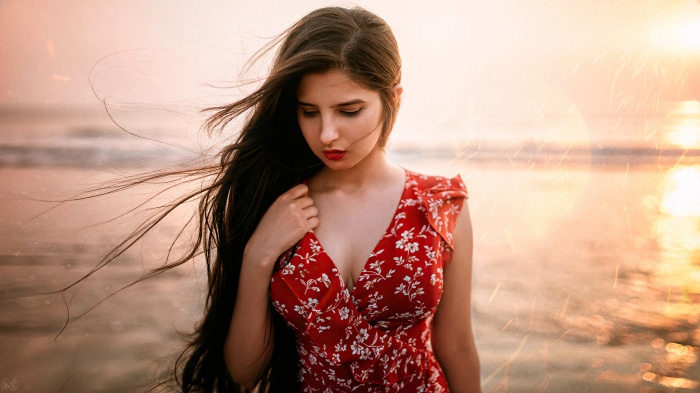 Brunette Woman at Sunset with Depth Of Field