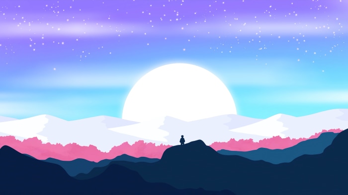 Silhouette of a child on a mountain peak with a large moon