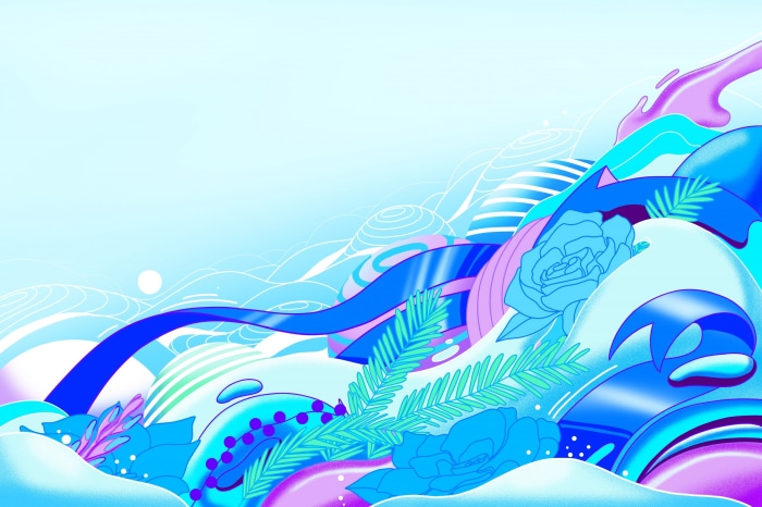 Abstract Blue and Purple Floral Landscape