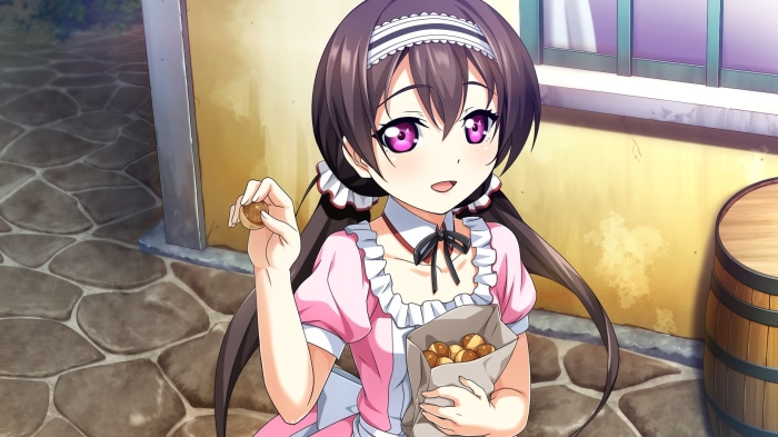 Girl in pink maid outfit holding cookies
