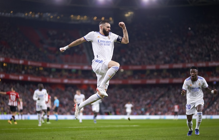 Karim Benzema celebrating a goal in a football match 4K