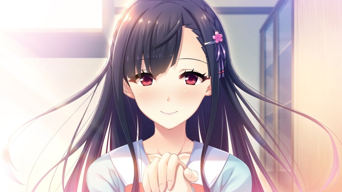 Anime girl with black hair and pink flower