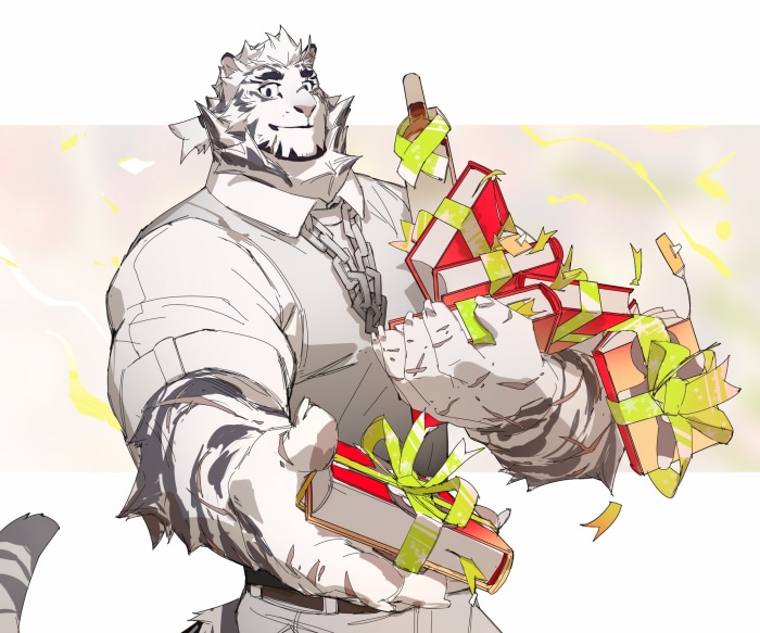 Mountain from Arknights holding gifts