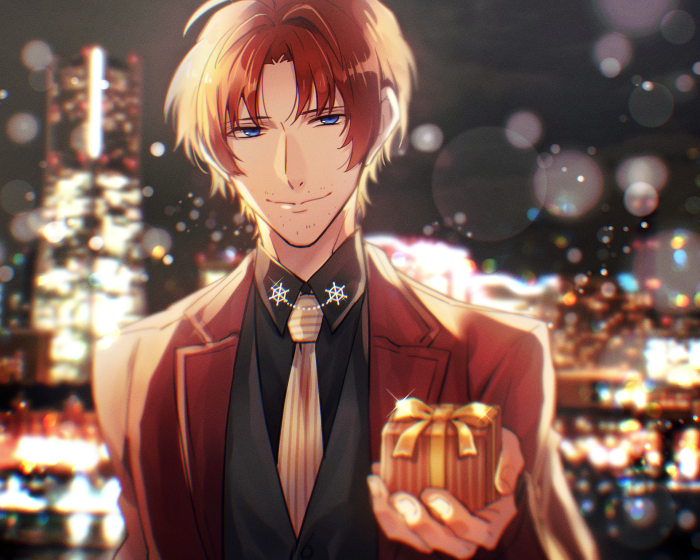 Sakunosuke Oda from Bungou Stray Dogs holding a gift