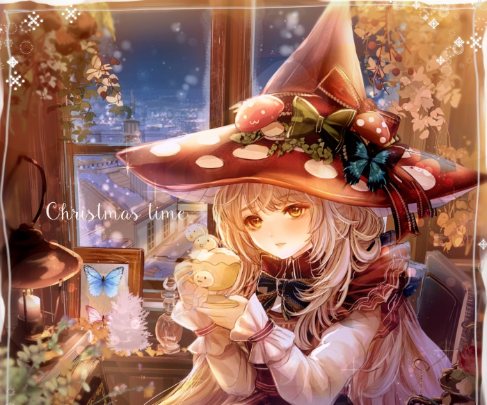 Girl in a mushroom witch hat holding a dessert