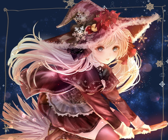 Anime girl witch flying on a broomstick