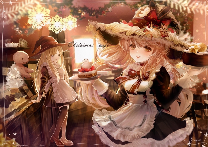 Two maids in a Christmas cafe with cakes