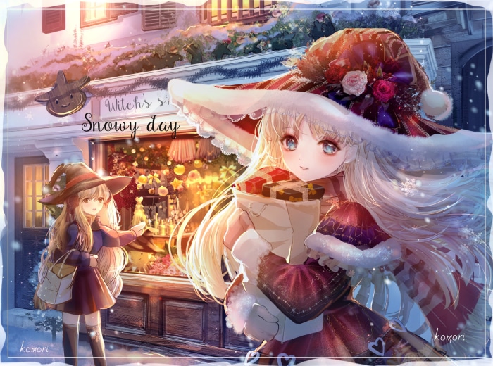 Two witches in a snowy town with gifts