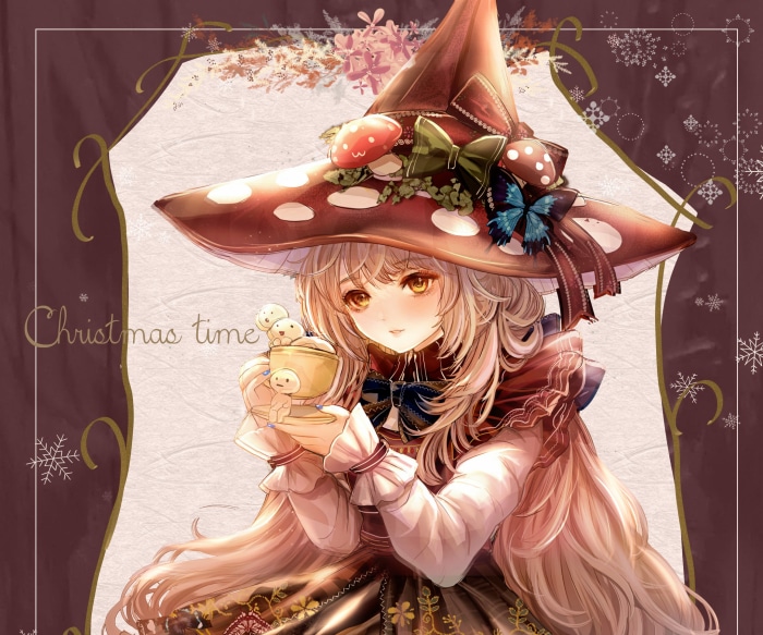 Girl in a mushroom witch hat holding a cup