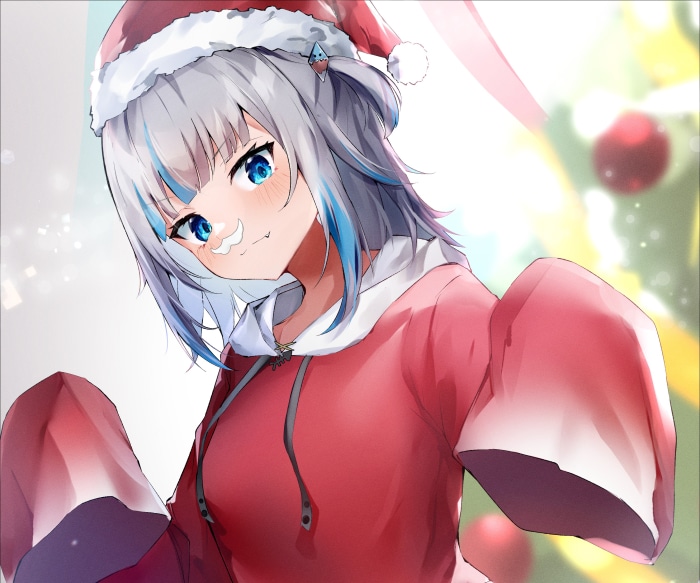 Gawr Gura from Hololive wearing a Santa hat