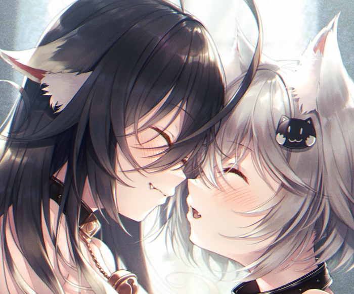 Two anime girls with cat ears in an intimate pose