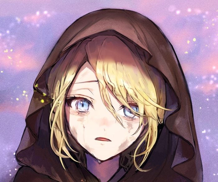 Rin Kagamine crying under a hood