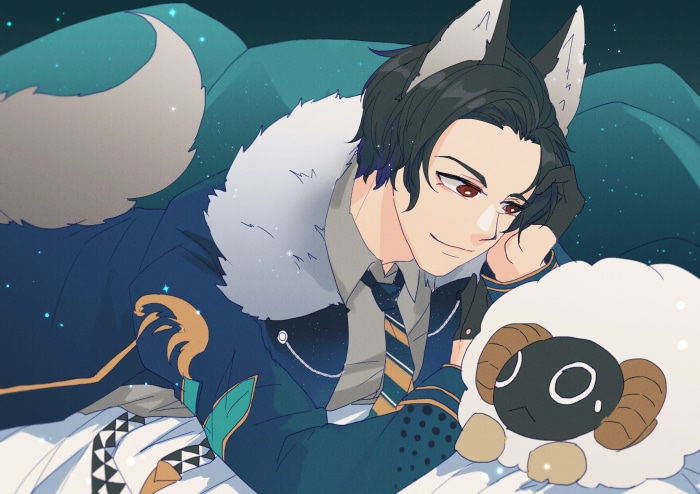 Lucifer from Obey Me! Shall We Date? with a sheep plush
