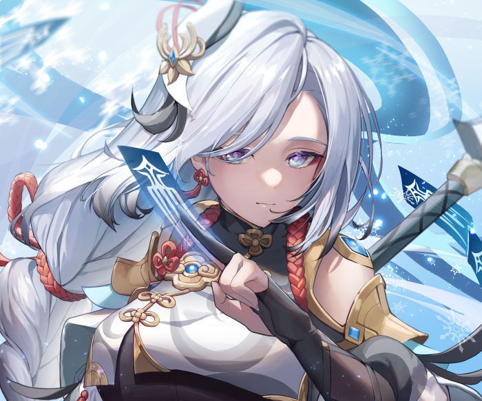 Shenhe from Genshin Impact with icy background