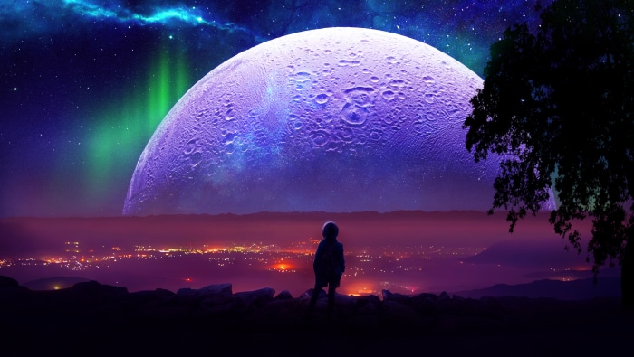 Child watching a giant moon and aurora borealis over a city