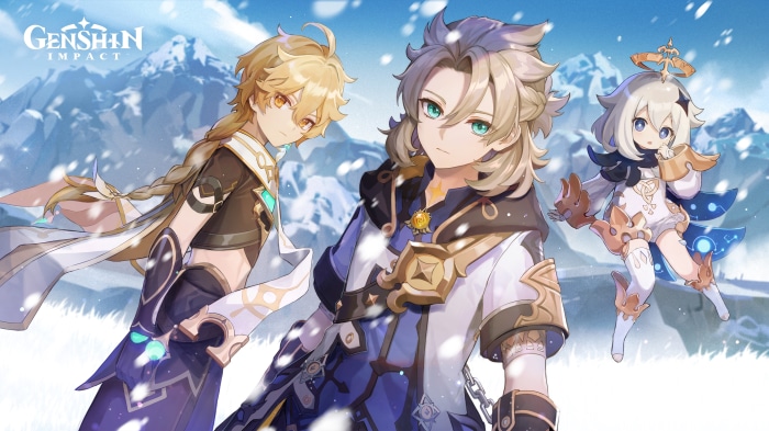 Aether, Albedo, and Paimon from Genshin Impact in snow