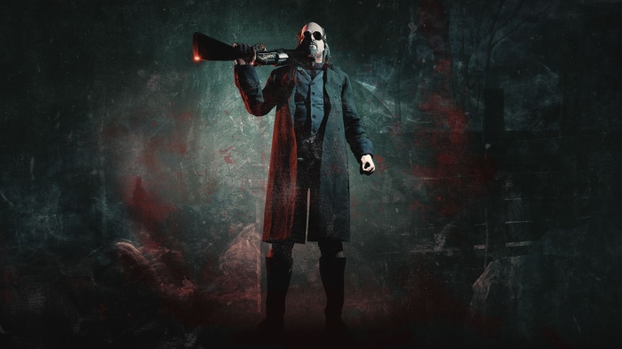 Man with shotgun in dark, bloody environment