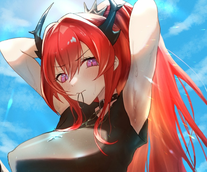 Surtr from Arknights sweating under the sun