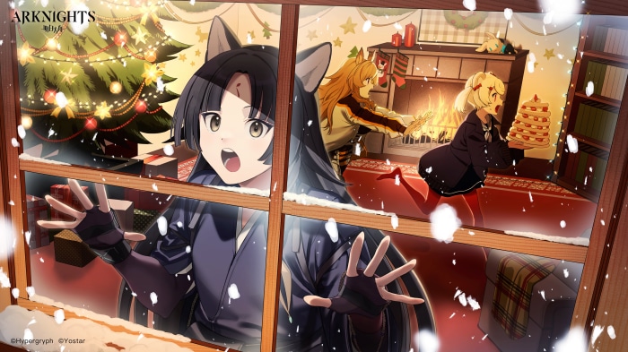 Arknights characters Saga, Ceobe, and Gummy celebrating Christmas