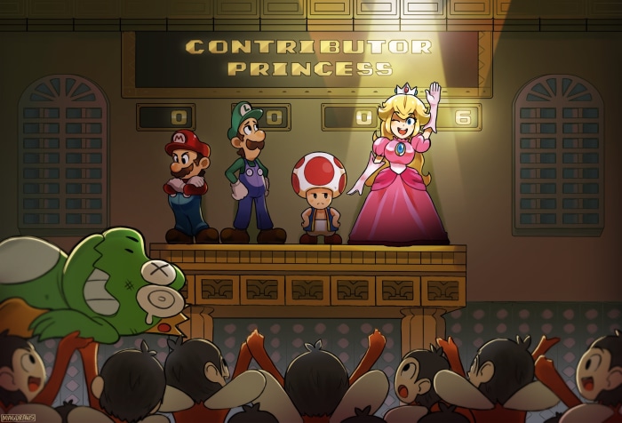 Mario, Luigi, Toad, and Princess Peach from Super Mario Bros.