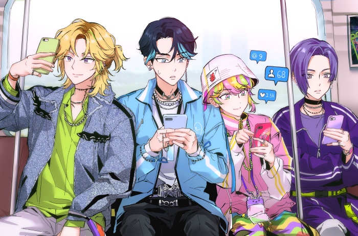 Paradox Live: Aoi Kureha, Toma Hikage, Kantaro Misuji, Shogo Yamato on train