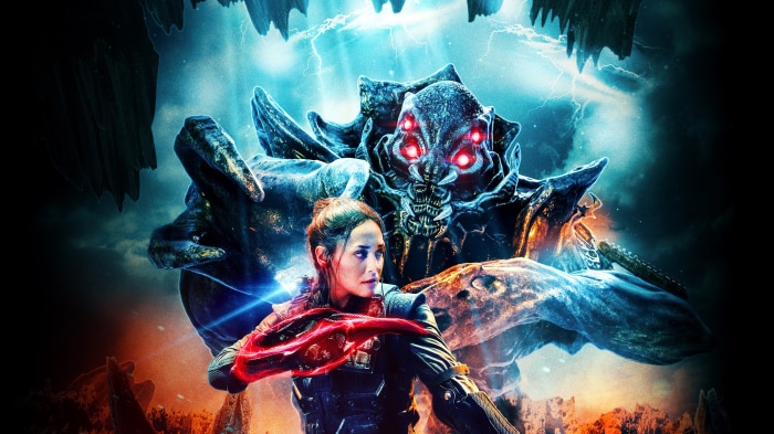 Woman with alien creature in stormy landscape