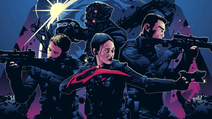 Four soldiers with weapons in front of a planet
