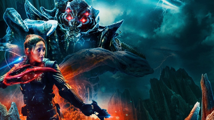 Woman with energy weapon and monster in stormy landscape 4K