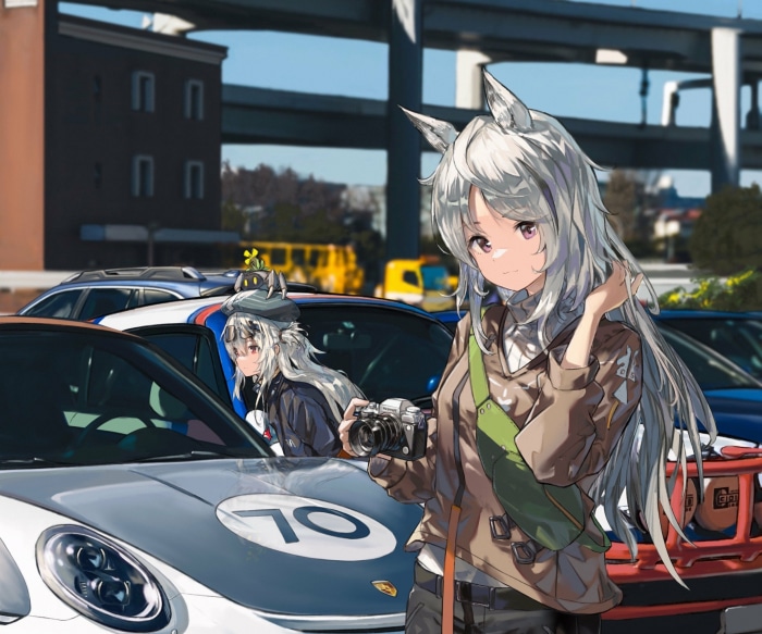Skadi and Grani from Arknights with cars