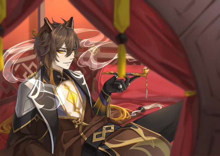 Zhongli from Genshin Impact smoking a pipe