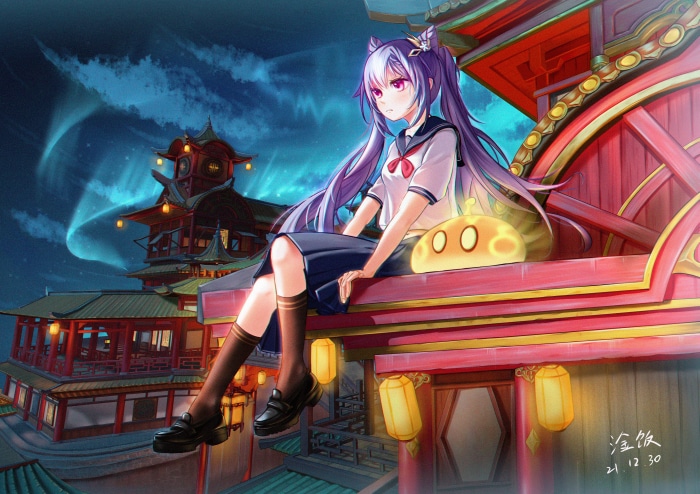 Keqing from Genshin Impact with a Slime