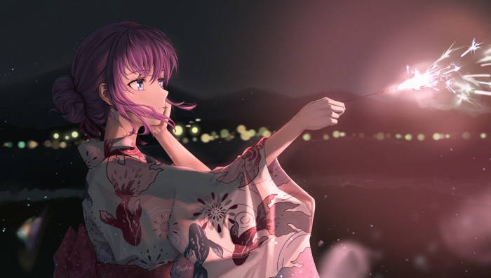 Sakura Matou from Fate/stay Night: Heavens Feel holding a sparkler