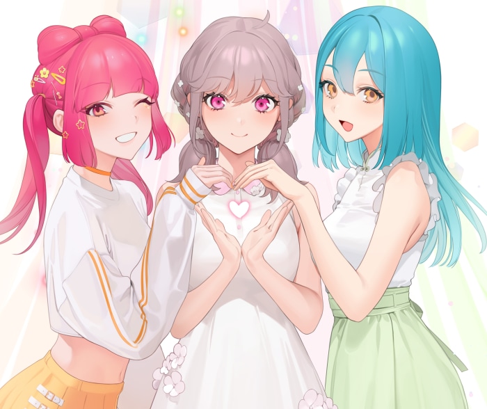 Three anime girls with colorful hair posing