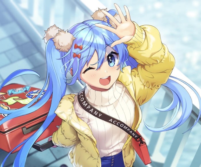 Anime girl with blue pigtails and yellow jacket
