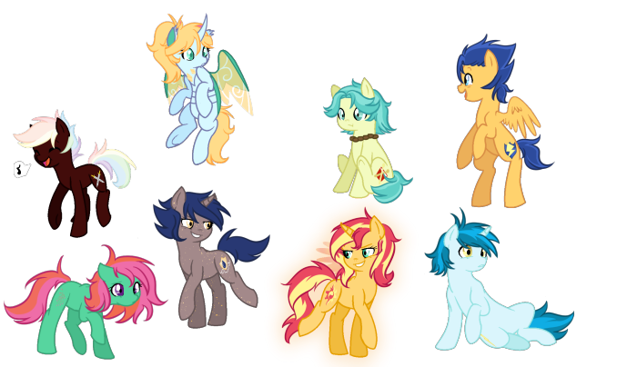 My Little Pony characters: Thunderbass, Brawly Beats, Sunset Shimmer, Flash Sentry