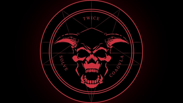 Occult symbol with demonic skull and text