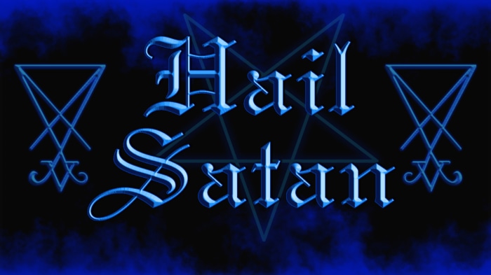 Hail Satan text with occult symbols