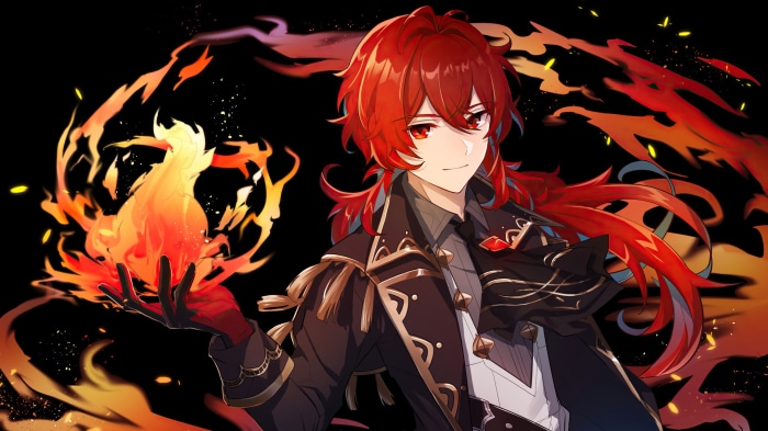 Diluc from Genshin Impact with fire